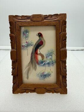Vintage Mexico Bird Feather Art Painting in Carved Wood Frame